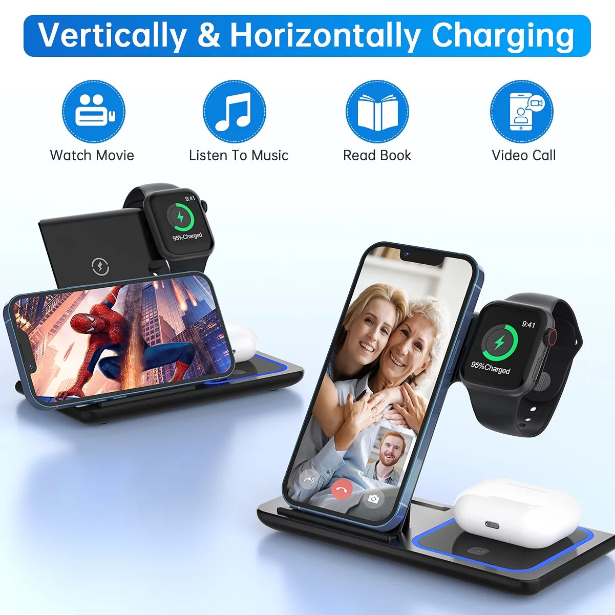 Wireless Charger, 18W Fast Iphone Charging Station for Iphone, Airpods, Apple Watch (W/ QC3.0 Adapter)