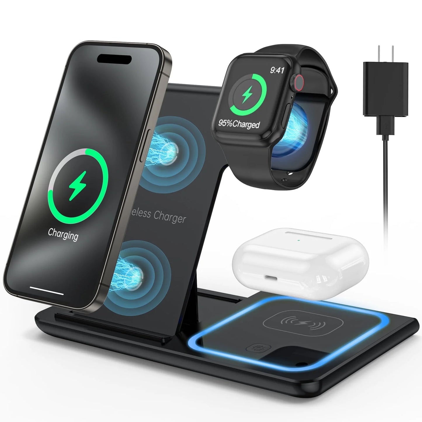 Wireless Charger, 18W Fast Iphone Charging Station for Iphone, Airpods, Apple Watch (W/ QC3.0 Adapter)